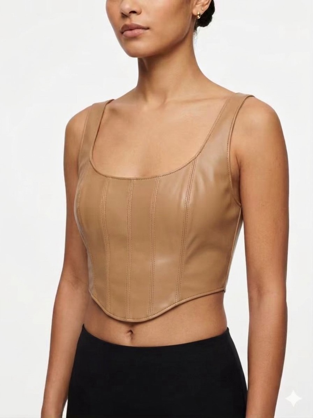 Abercrombie & Fitch Camel Faux Leather Corset Scoop Neck Crop Top